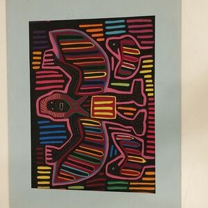 Mola Bird Man Colorful Folk Art Textile 16x20 Matted Kuna Panama Handcrafted